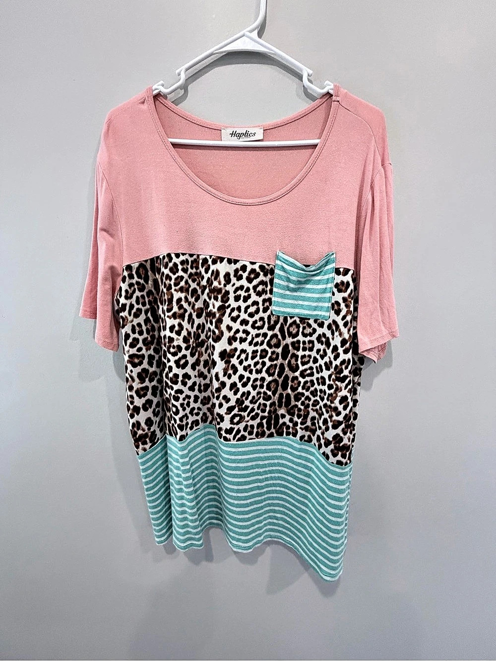 Haptics Animal Print Color Block Short Sleeve Top in Pink & Blue